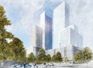 Exterior rendering of 960 Franklin ave, towering over the brooklyn botanic garden