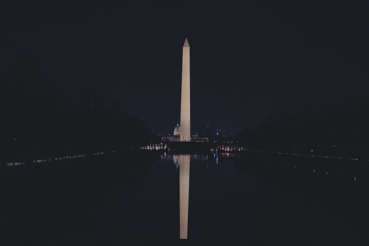 The Washington Monument at night, which is struck by lighting twice a year on average