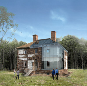 Exterior of the menokin house, a historic brick building partially rebuilt with structural glass