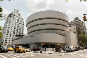 outside of the Guggenheim Museum, a swirling concrete sculpture