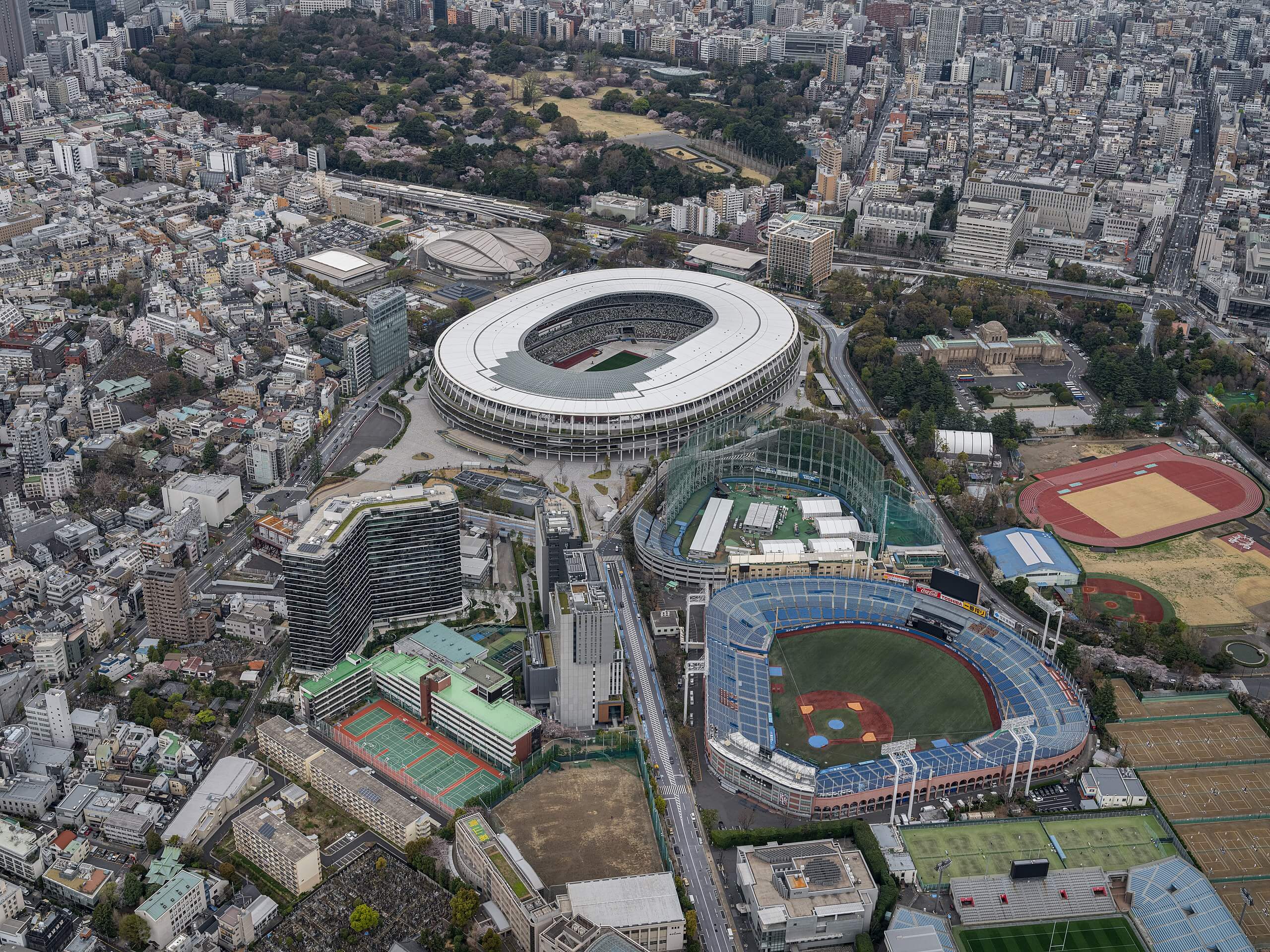 Aerial photo of tokyo and the new national stadium for the olympics
