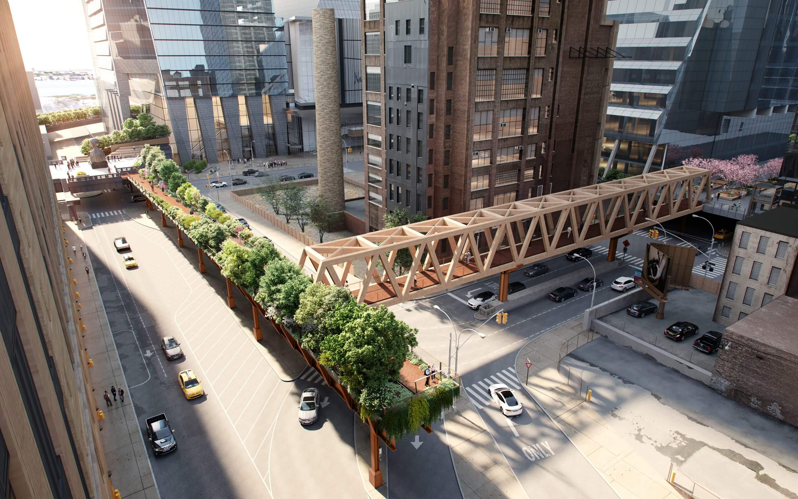 A timber bridge connecting from an elevated rail park to manhattan west