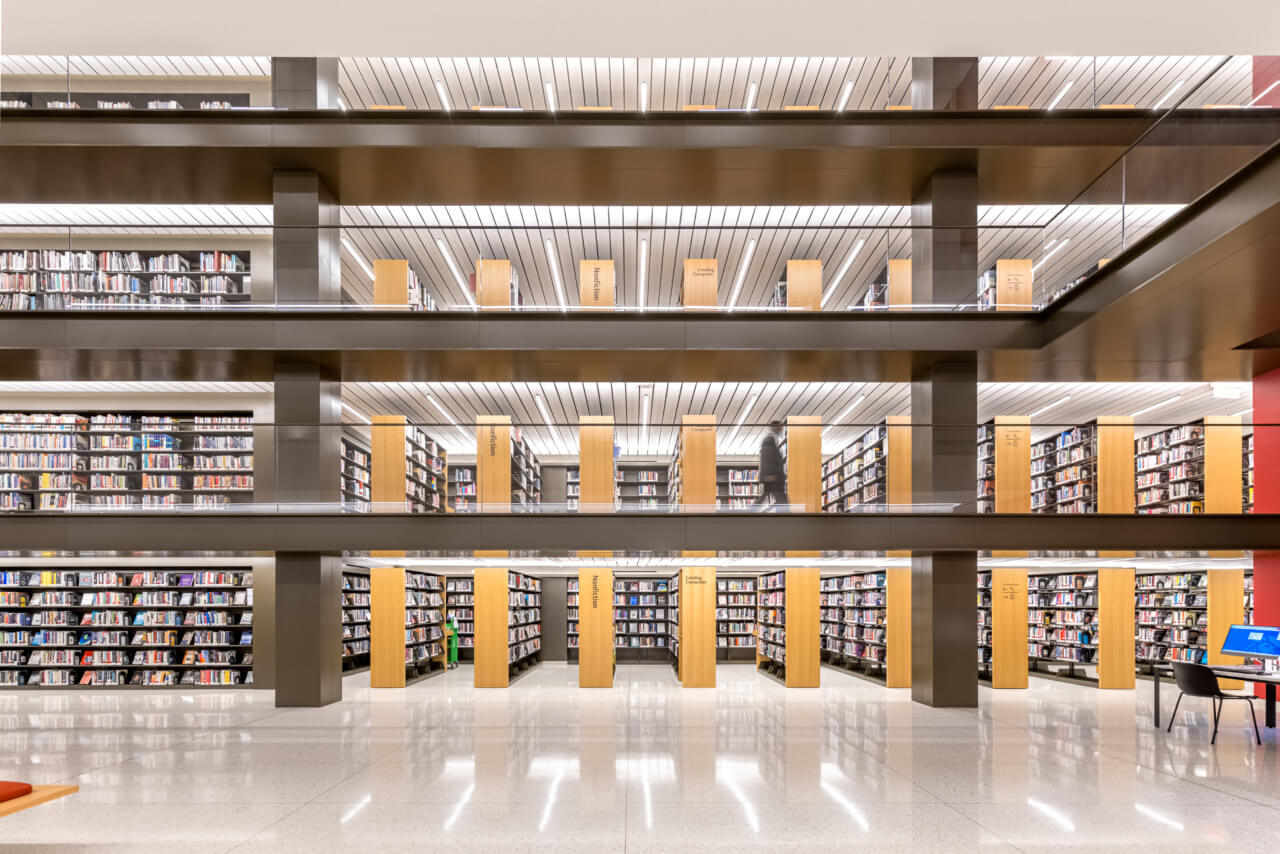 Looking at a multistory library stack head-on
