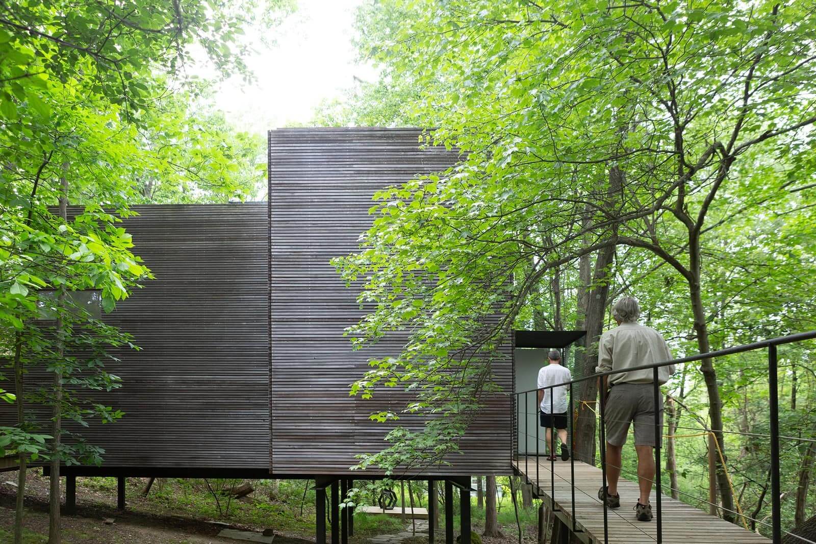 a stiled pavilion structure in the woods