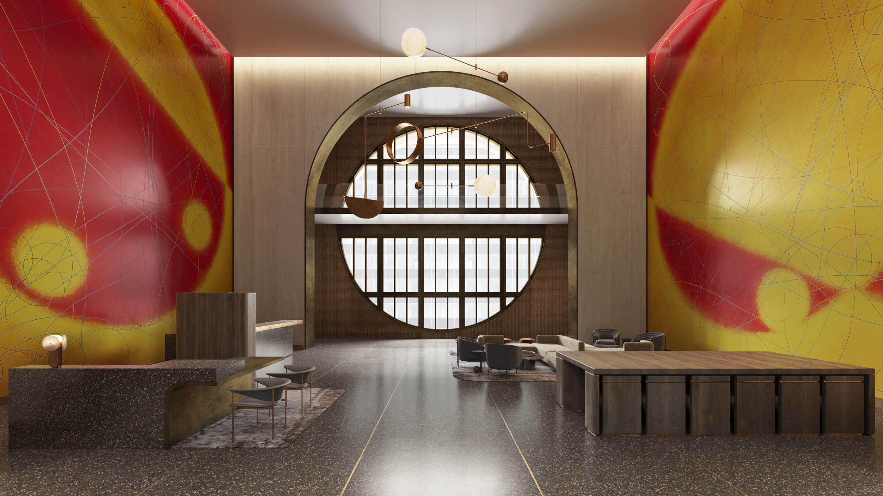 A rendering of two murals facing a big round window