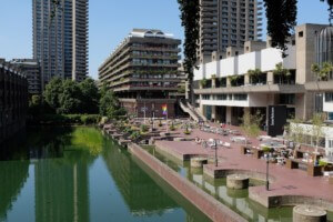 exterior view of the barbican centre and lake
