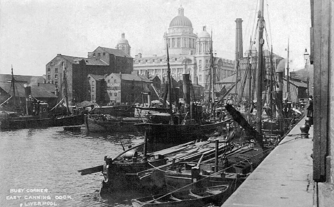 historic photo of barges on the liverpool waterfront