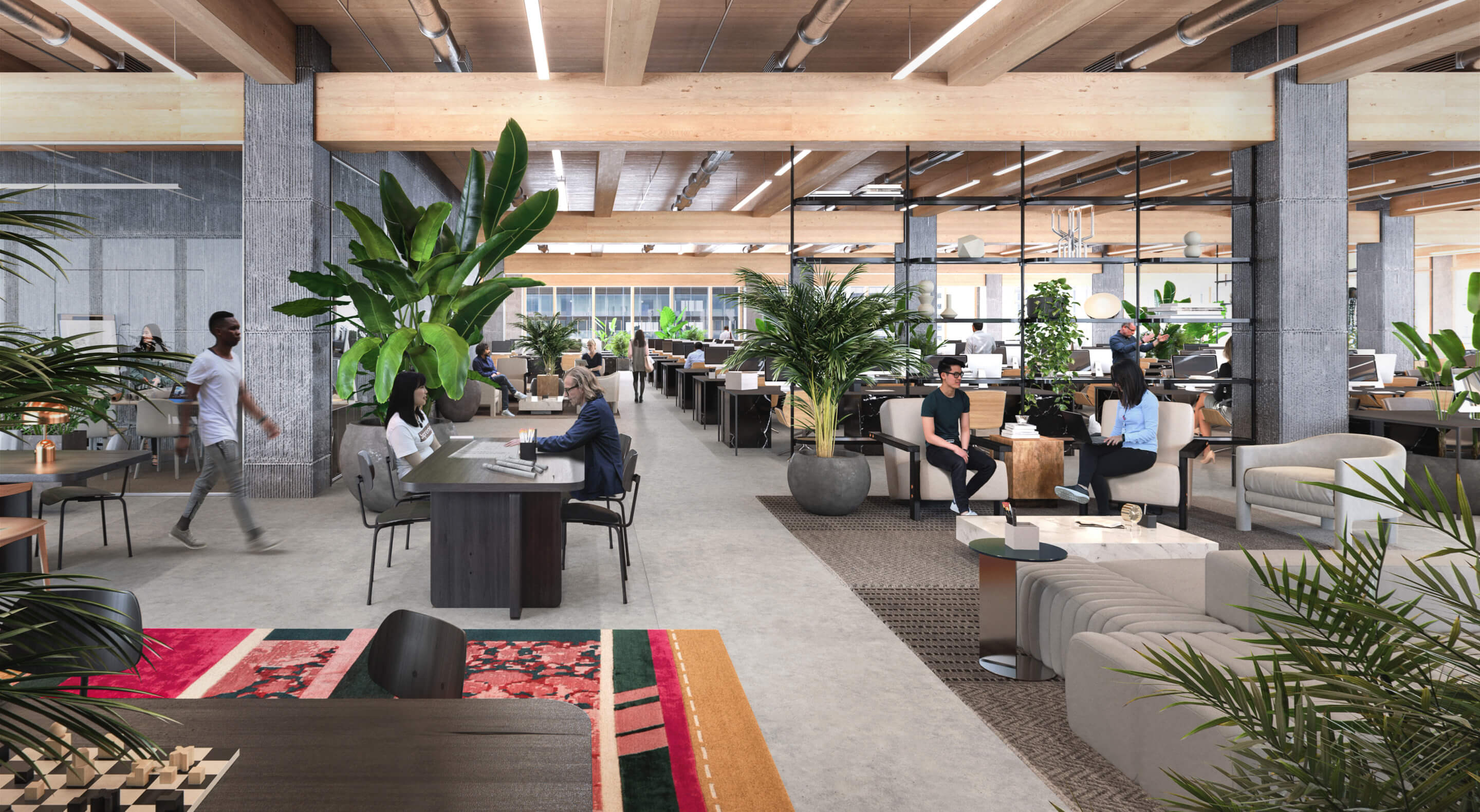 interior rendering of a mass timber commercial office building