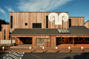 exterior of wooden building at sea ranch with the namesake branding