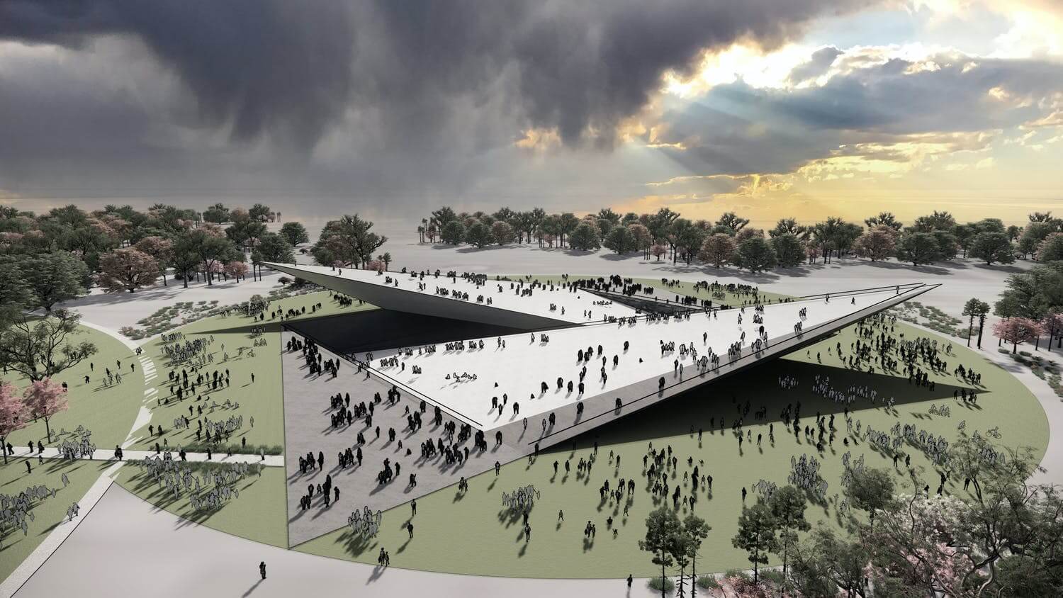 conceptual rendering of a slab museum with people walking on it