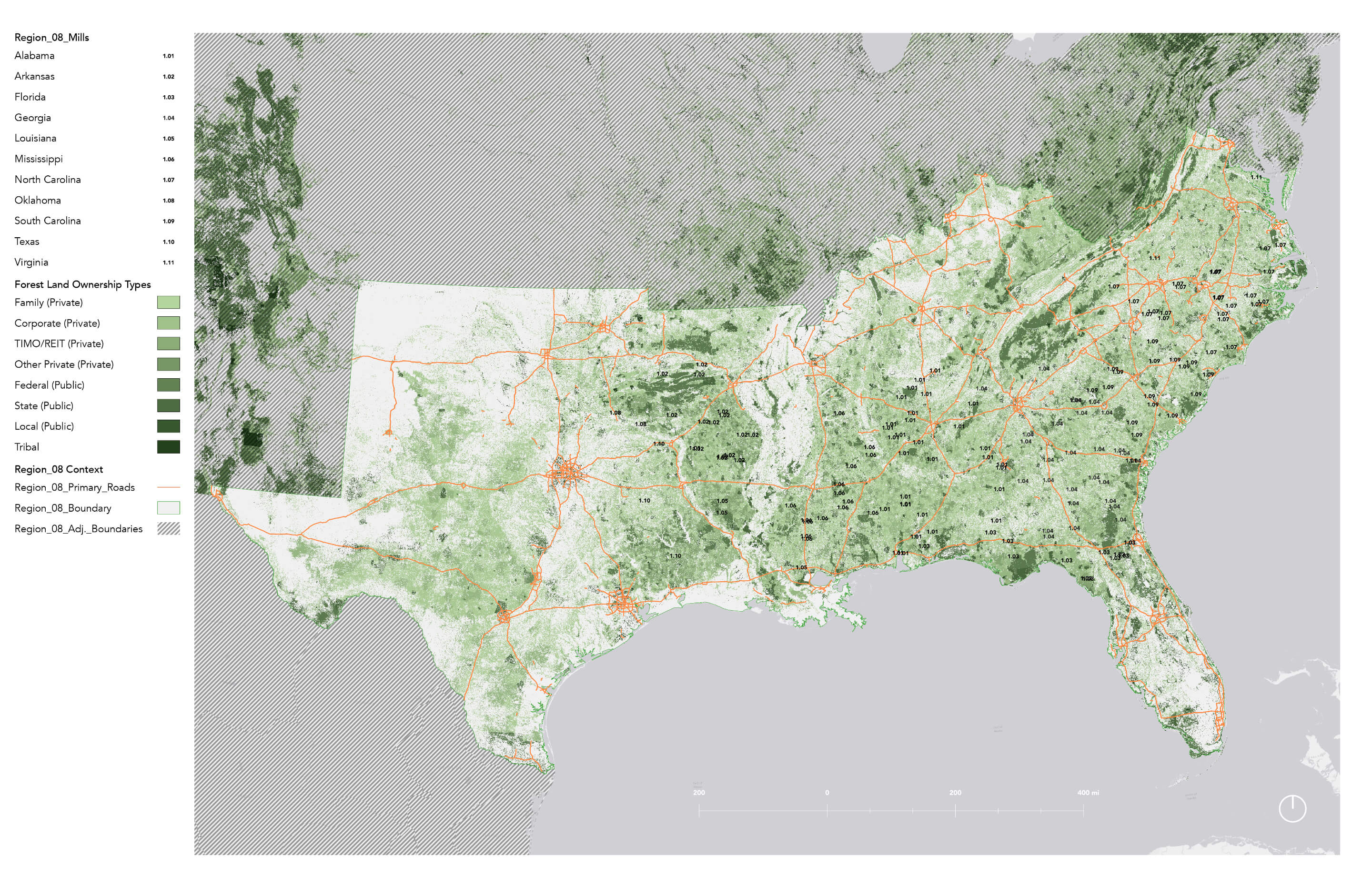 A map of forest and mill locations across the southeast us