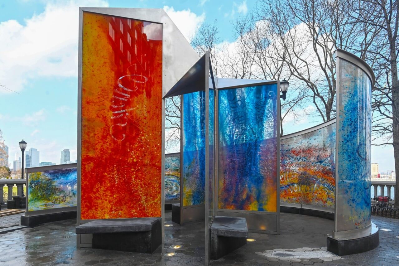 a monument rendered in etched glass slabs