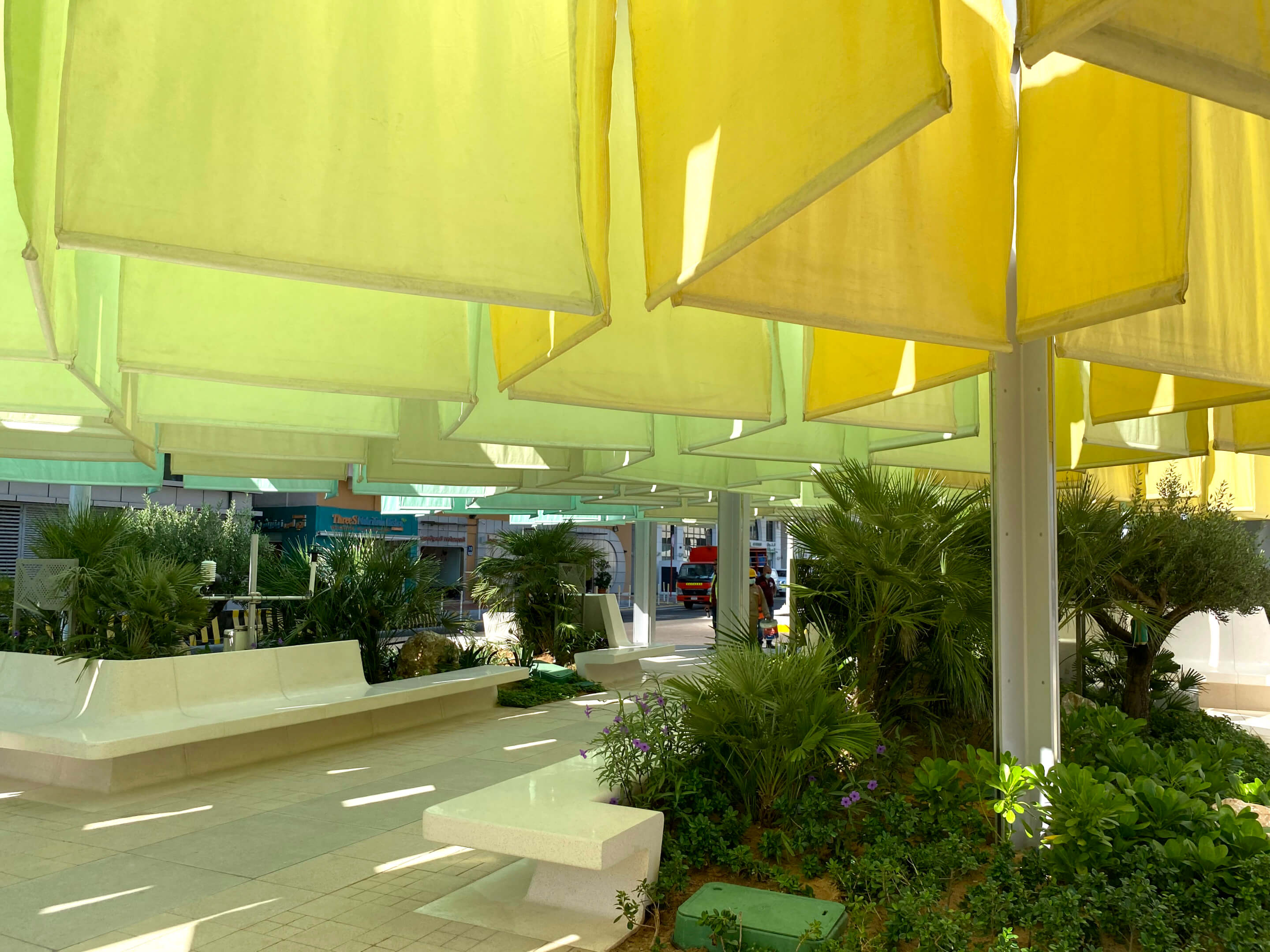 Dangling fabric shades hanging from a canopy