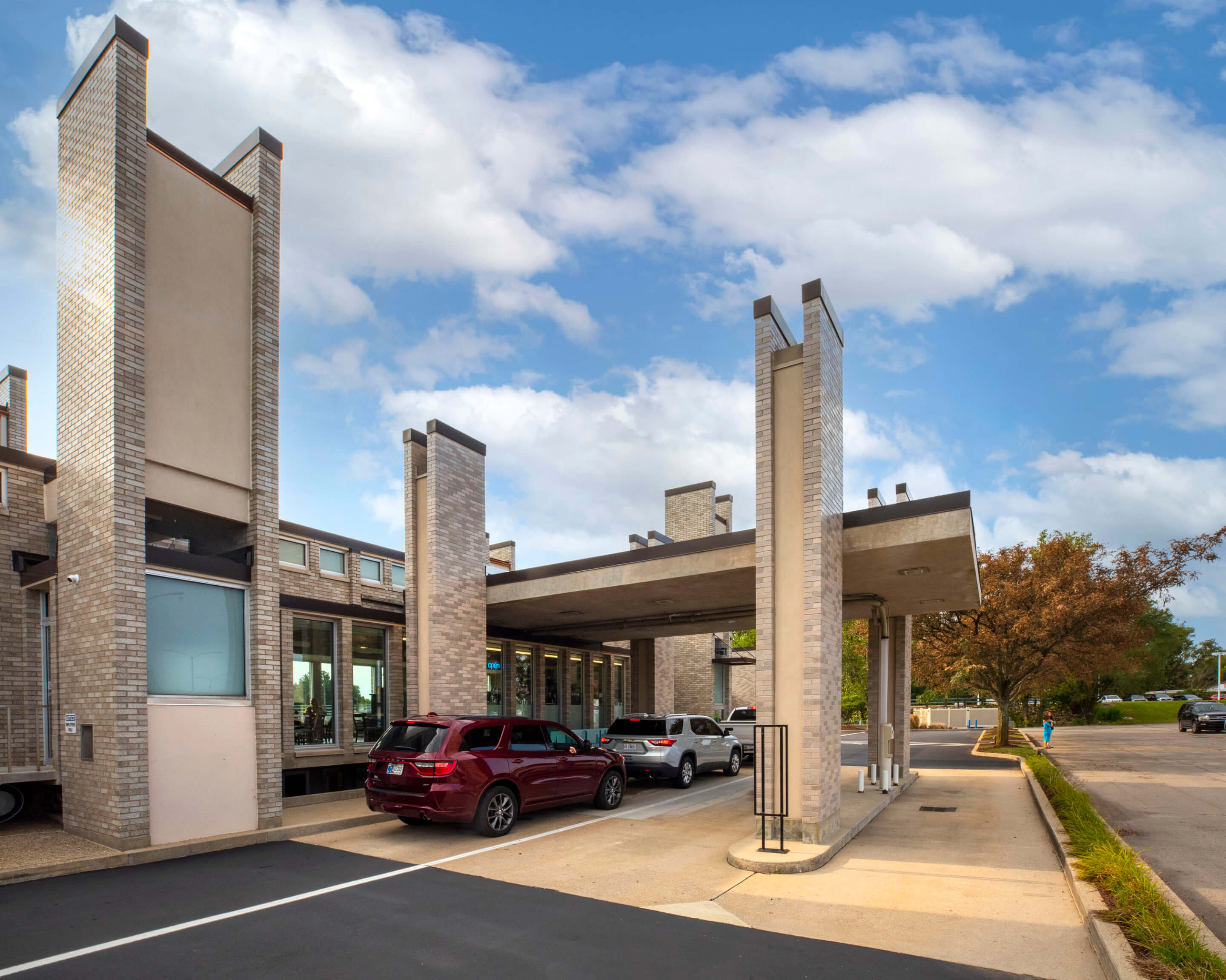 drive-through in a modernist bank building