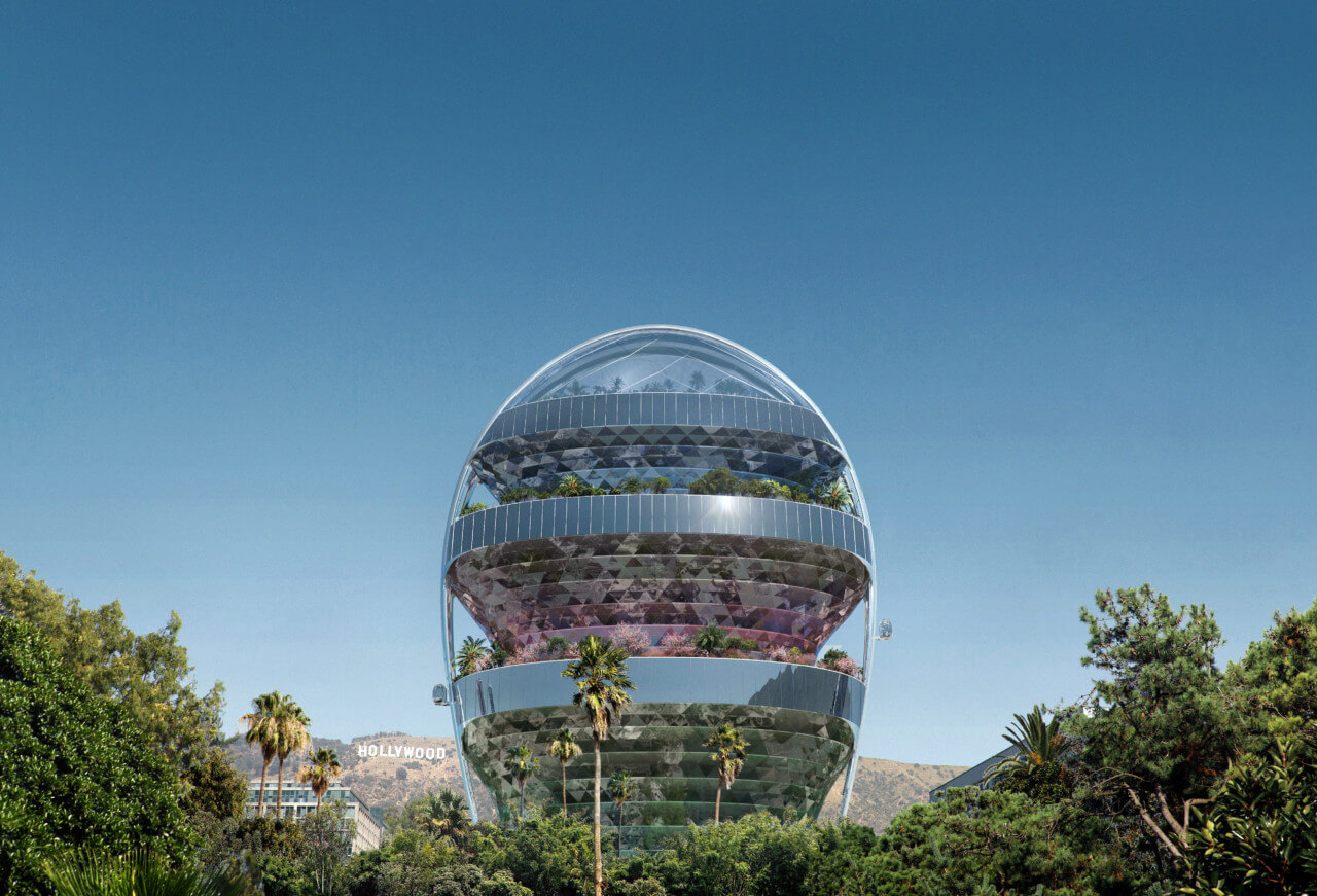 The star, a glass tower enclosed in an egg shaped exostructure
