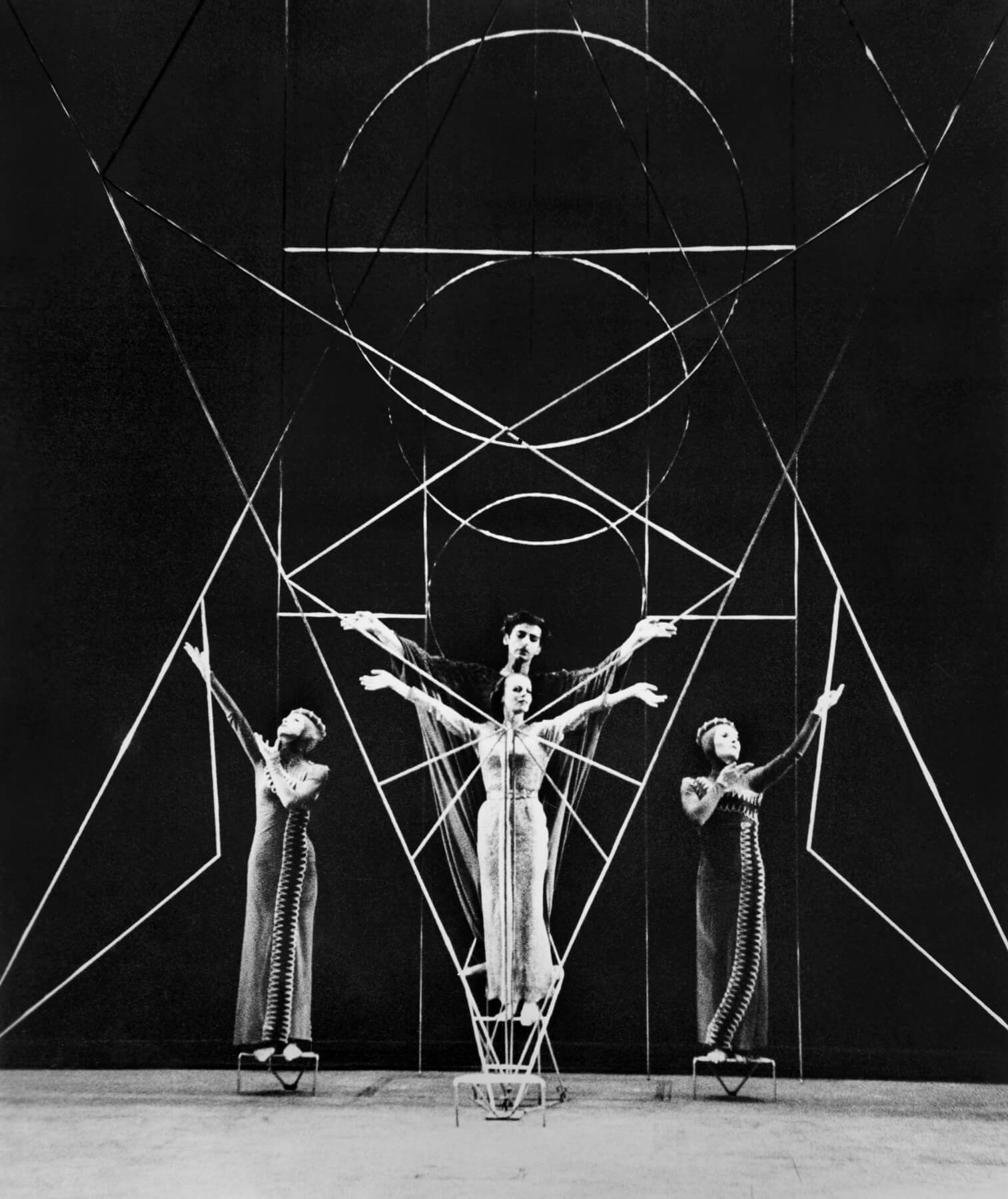 Black and white photo of an opera in a cathedral, pieces of which were on display for useless architecture