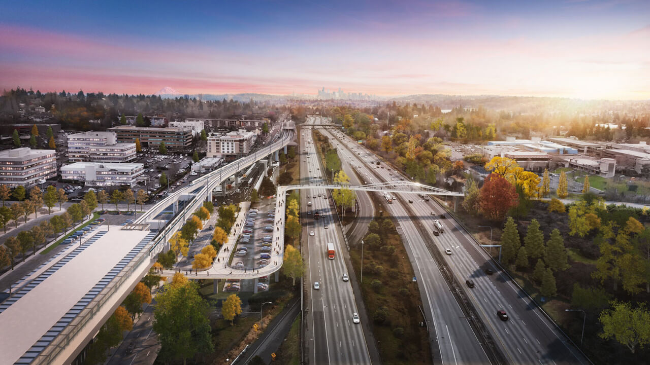 rendering of a pedestrian bridge across a busy seattle freeway