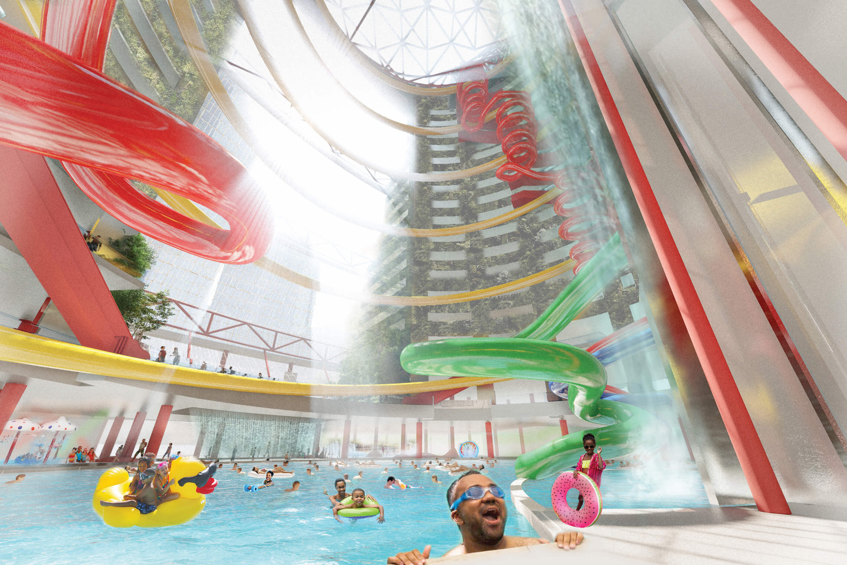 an indoor waterpark with slides in a massive atrium