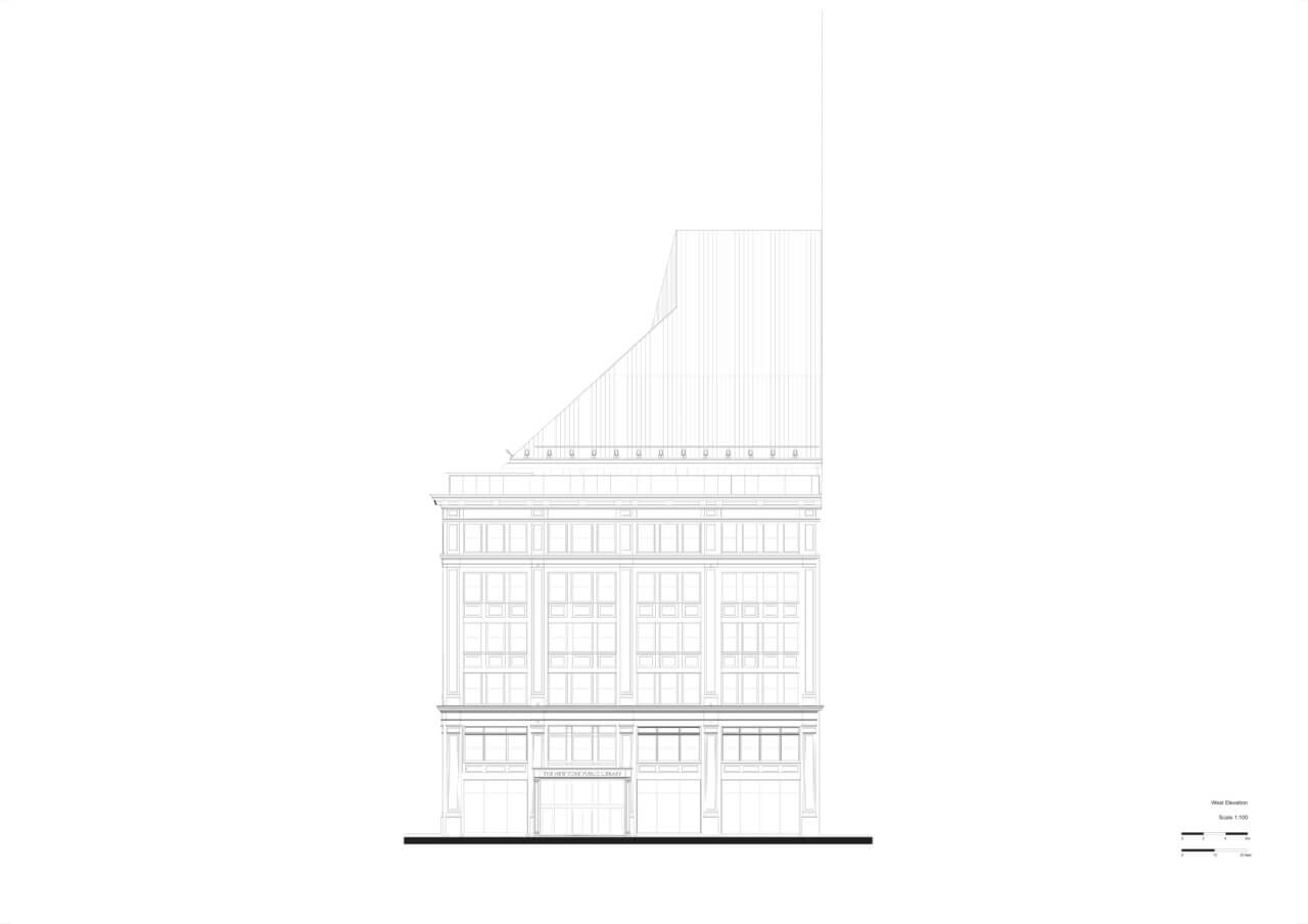 Elevation drawings of the overhauled Mid-Manhattan library branch at 40th Street