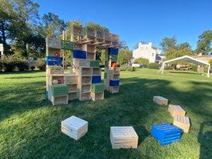 a sukkah construction from wooden crates