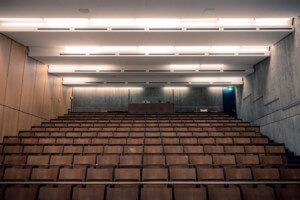 an empty lecture hall, one that will be full for fall lectures in 2021