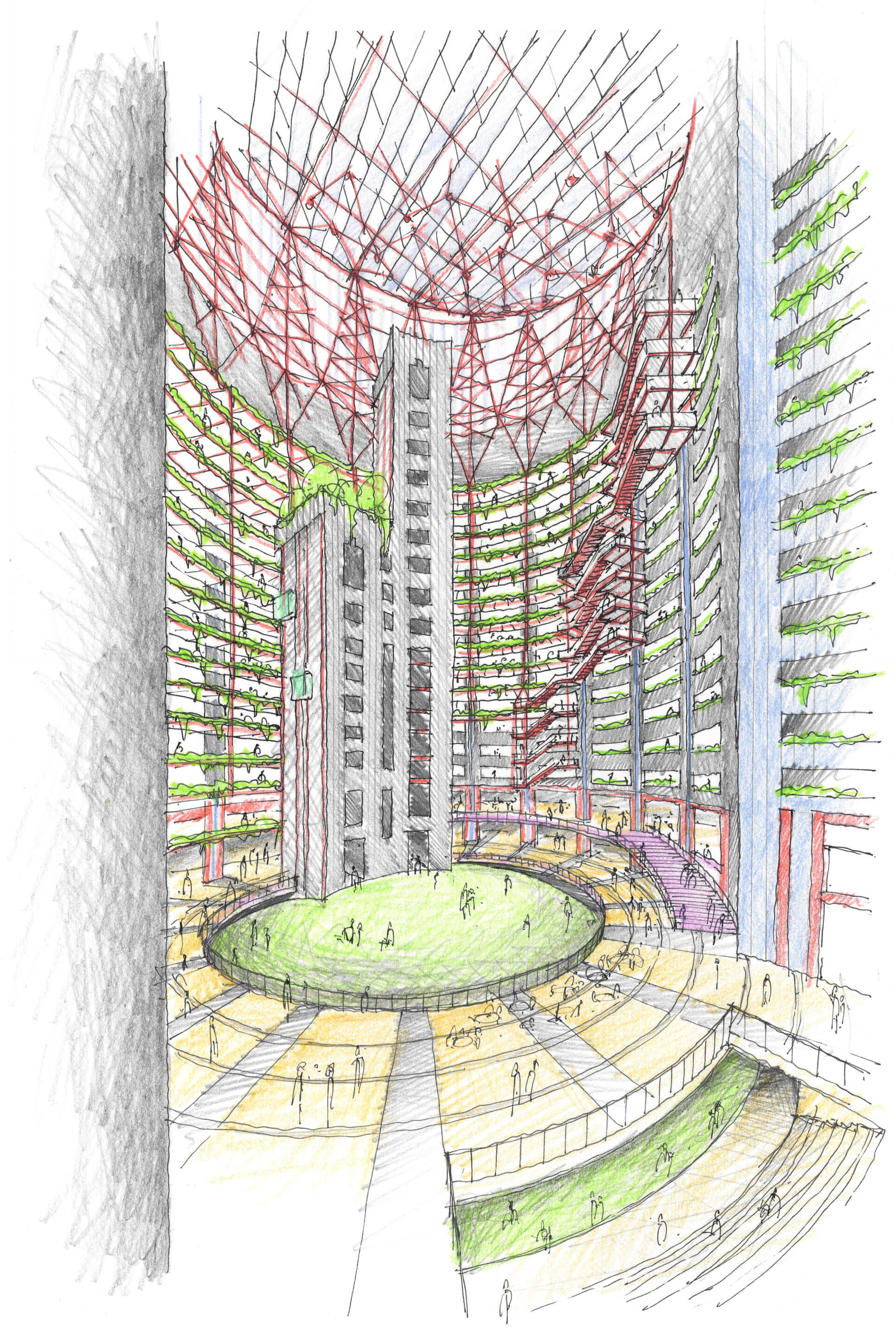 drawing of a building atrium