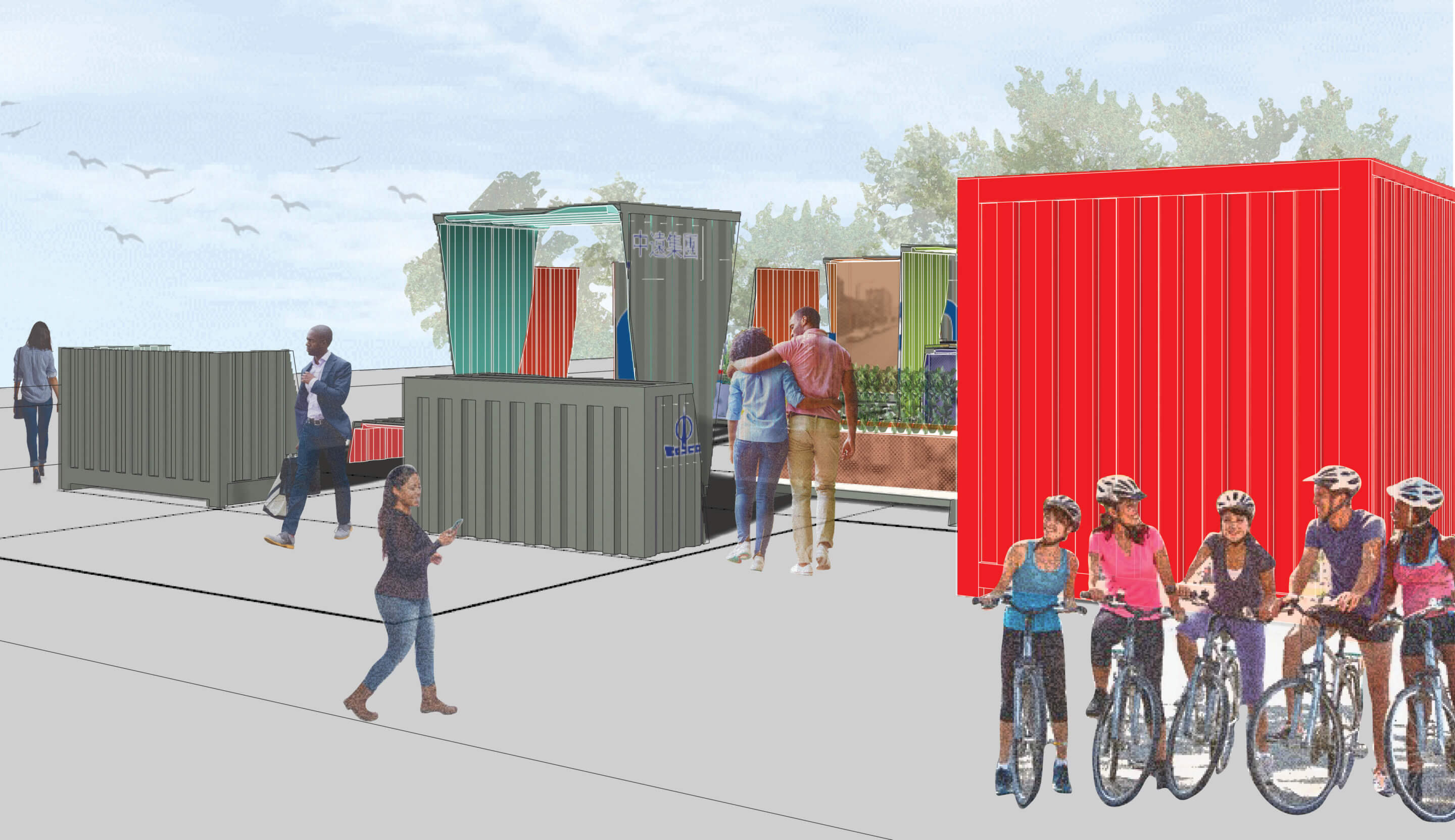 rendering of a shipping container-based public space