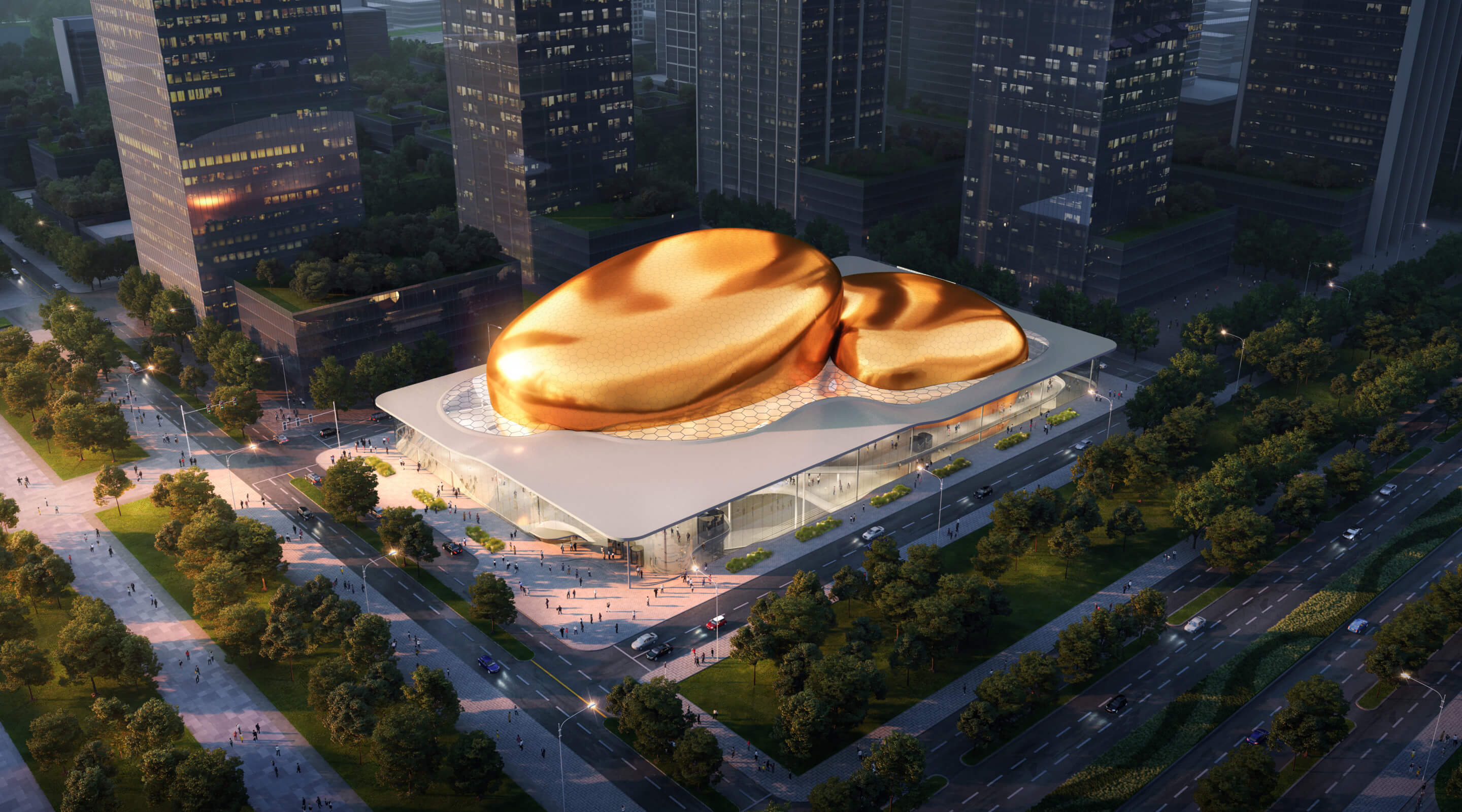 rendering of a bulbous golden concert hall