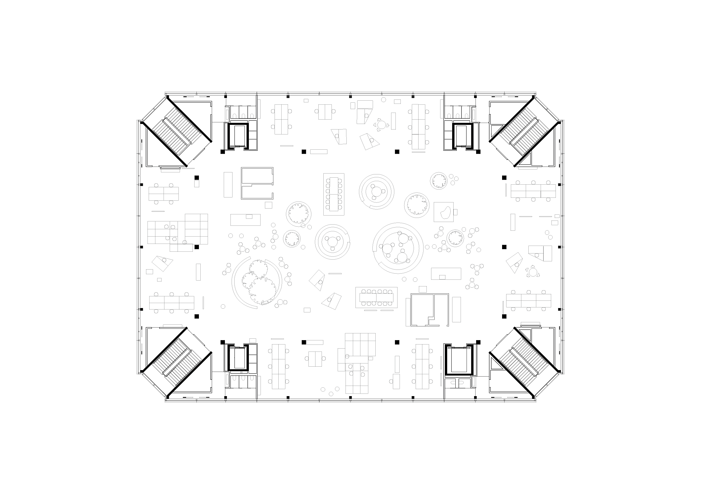 A floor plan showing office space and structural support routed to the corners