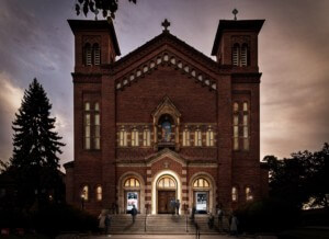 rendering of church exterior at dusk for library street collective