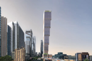 A tower that cantilevers as it rises
