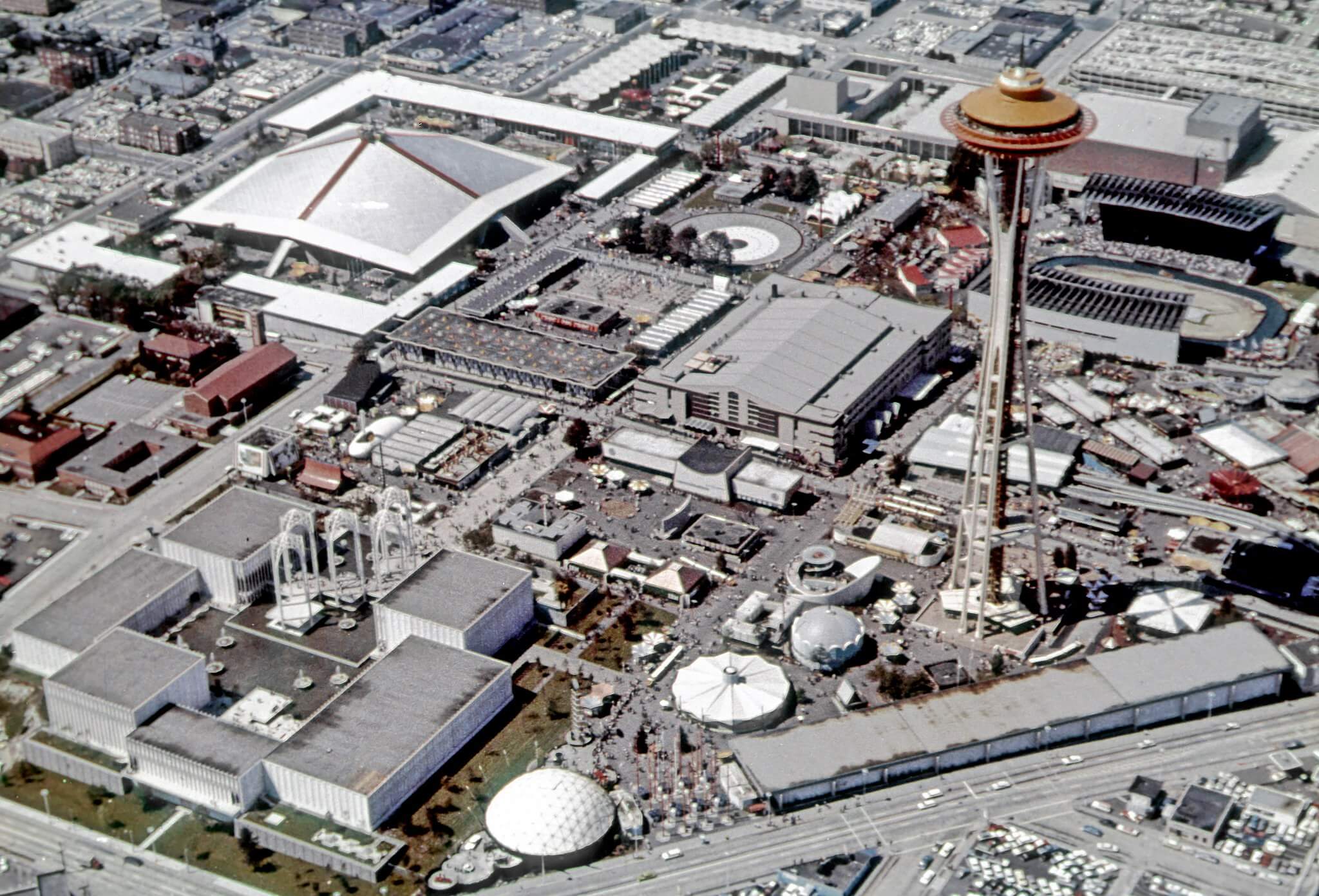aerial view of the seattle center and space needle during the 1962 world's fair