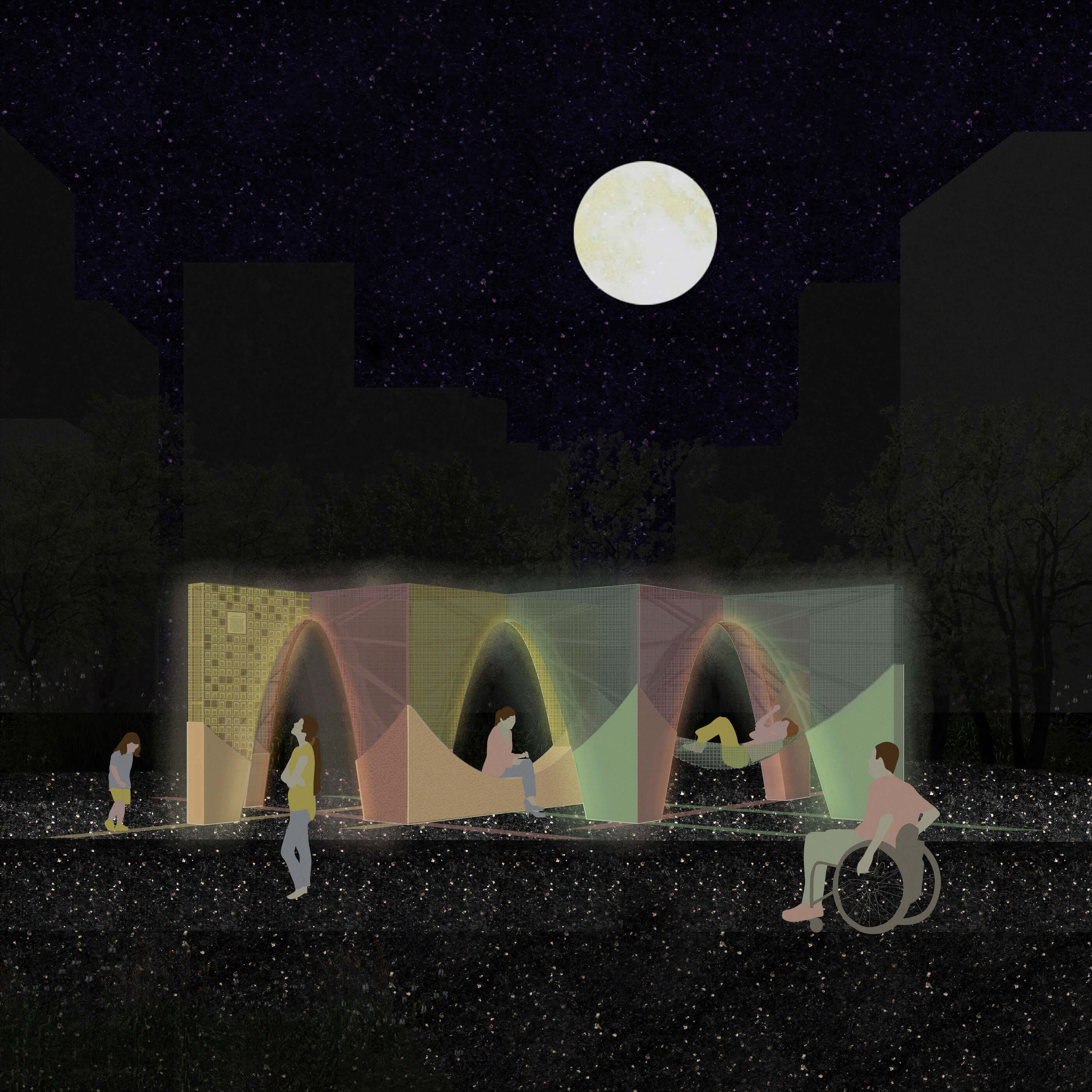 rendering of an interactive public art installation at night