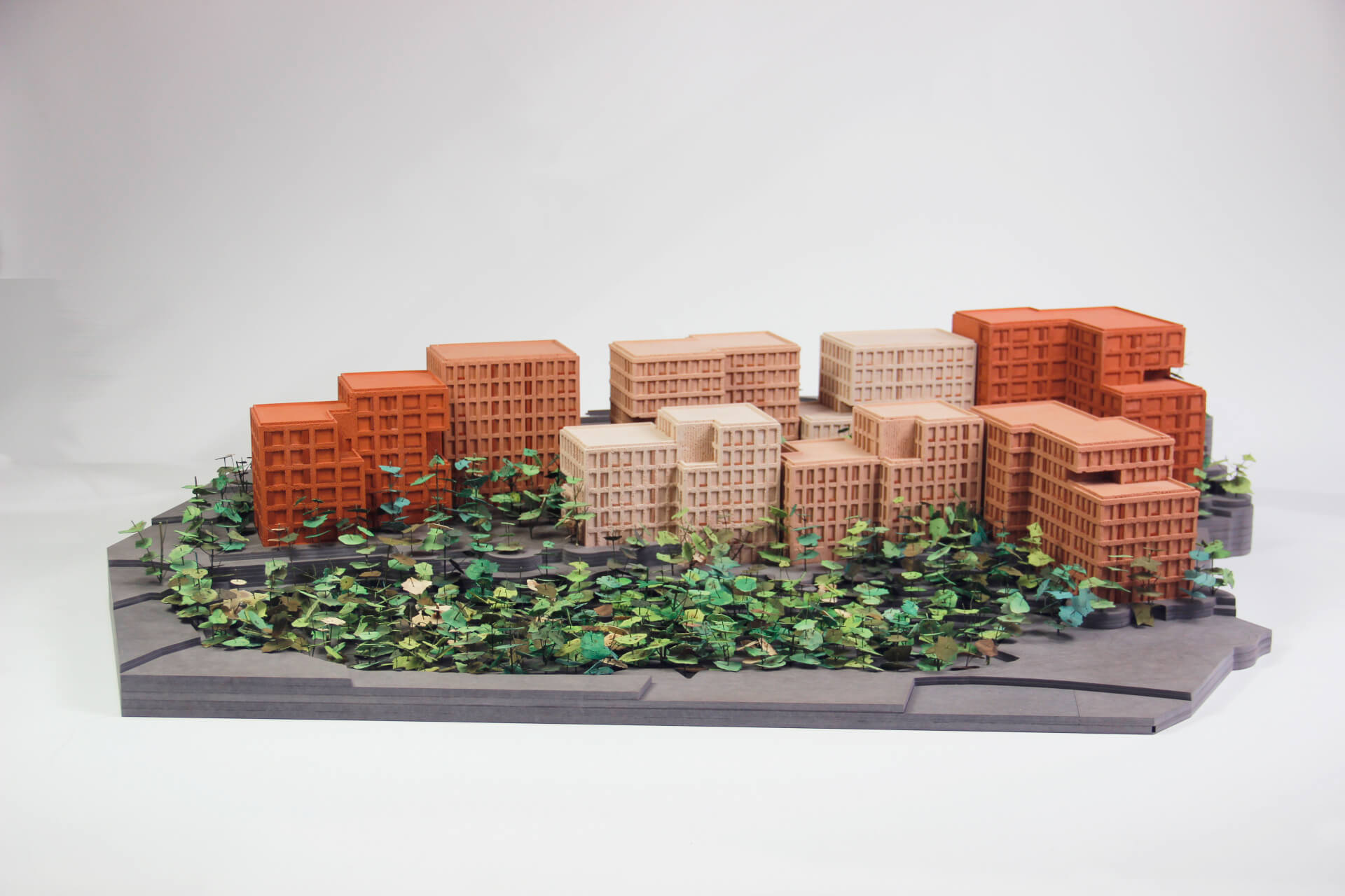 Site model of a 9-tower housing block from Tatiana Bilbao Estudio in quito