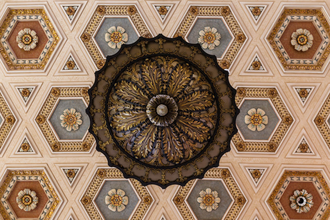 view of hexagon coffered ceiling in historic building