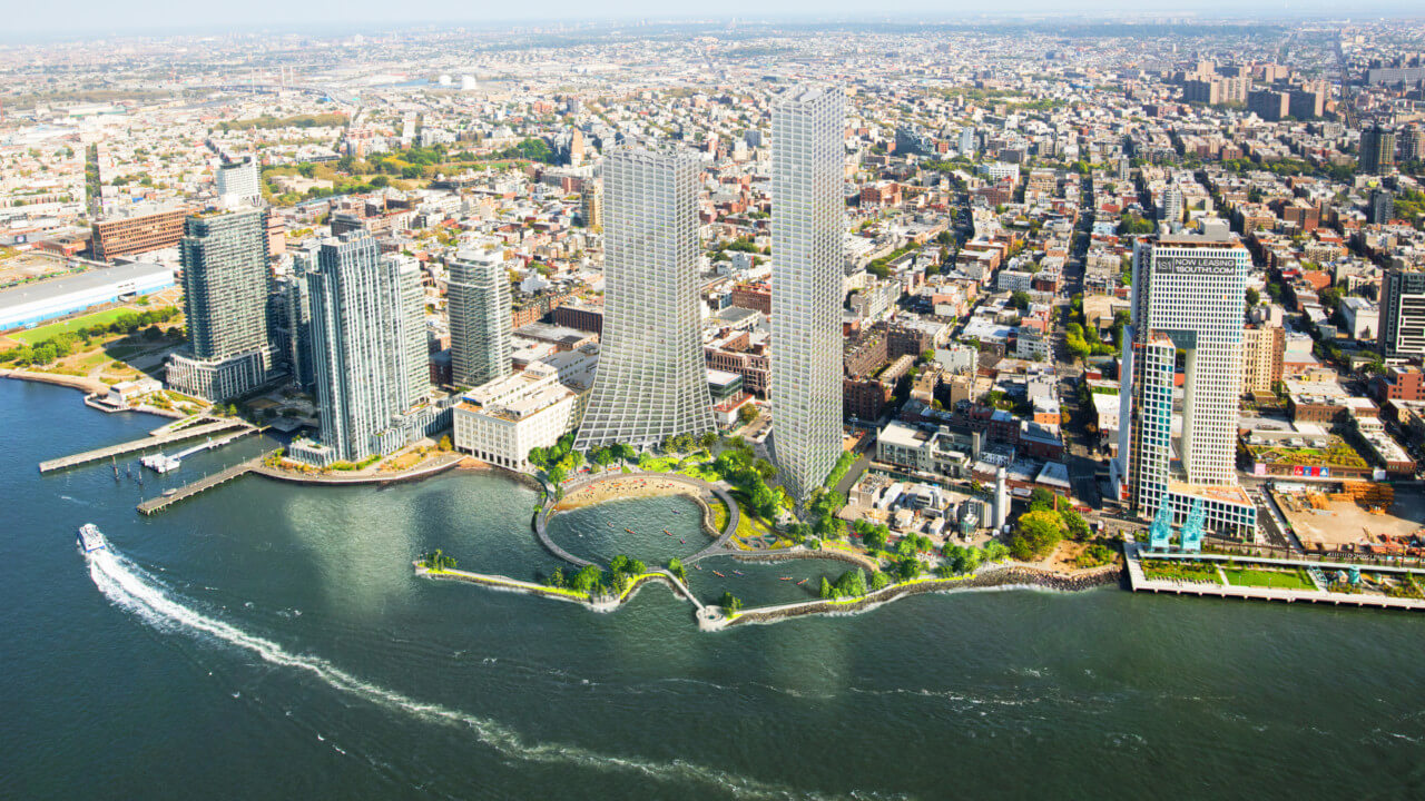 aerial rendering of river ring, a pair of towers on the east river with artificial cove