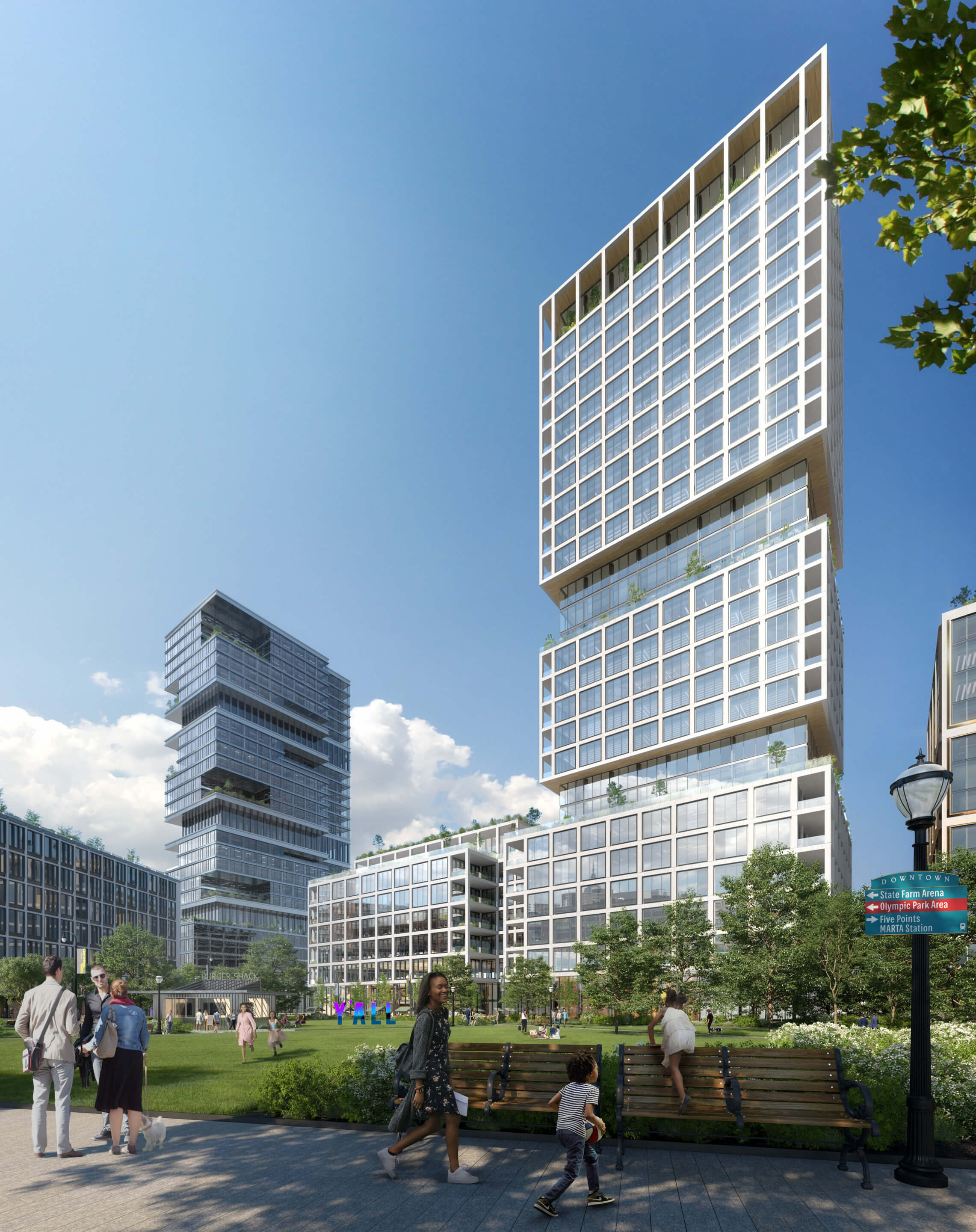 rendering of stacked glass towers anchoring a park 