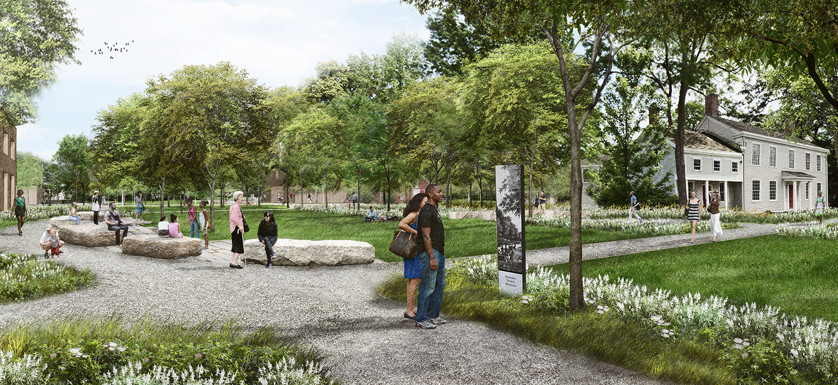 rendering of a public plaza at the new Dunham Tavern Museum