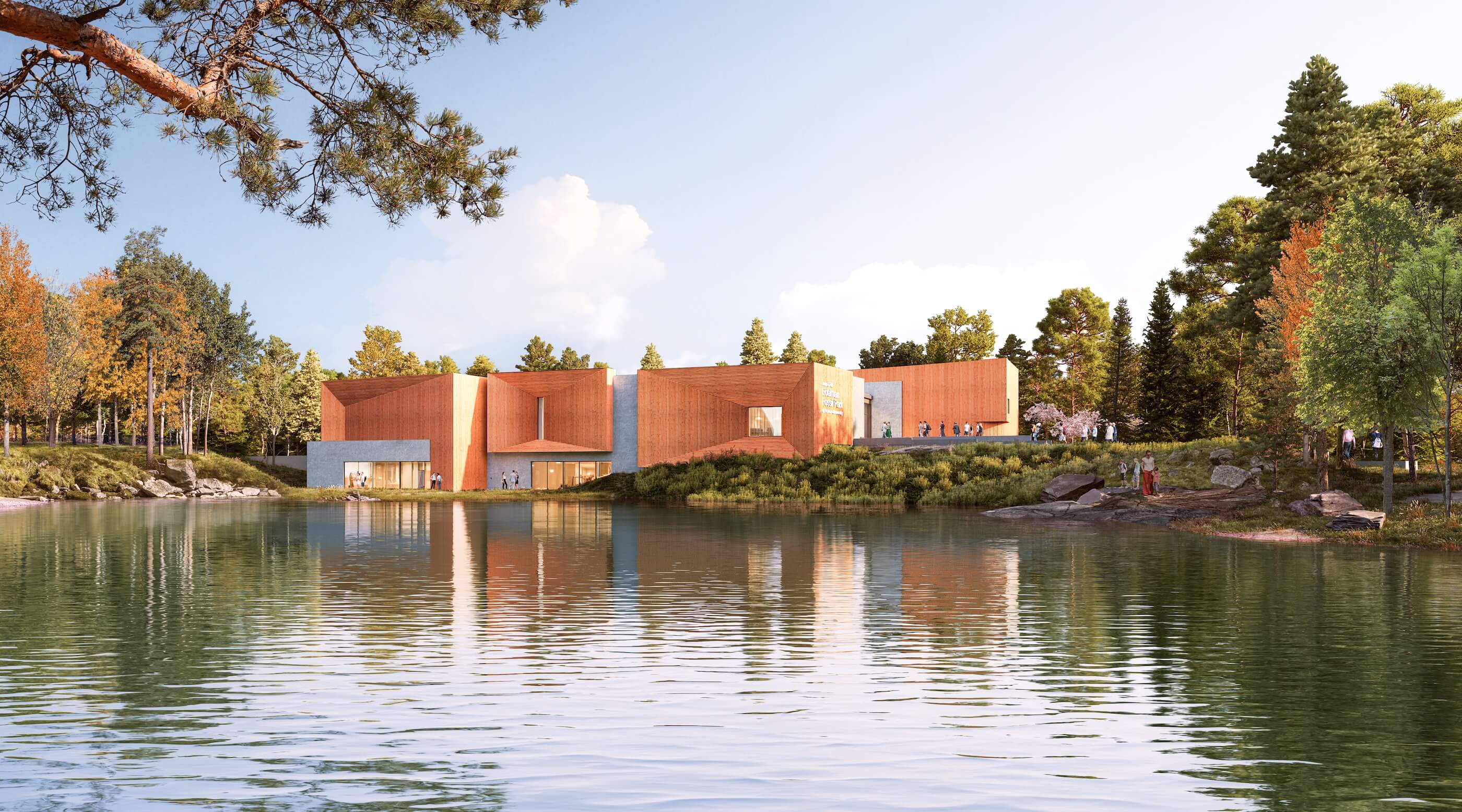 exterior of a hybrid mass timber museum building overlooking a lake and fossil park
