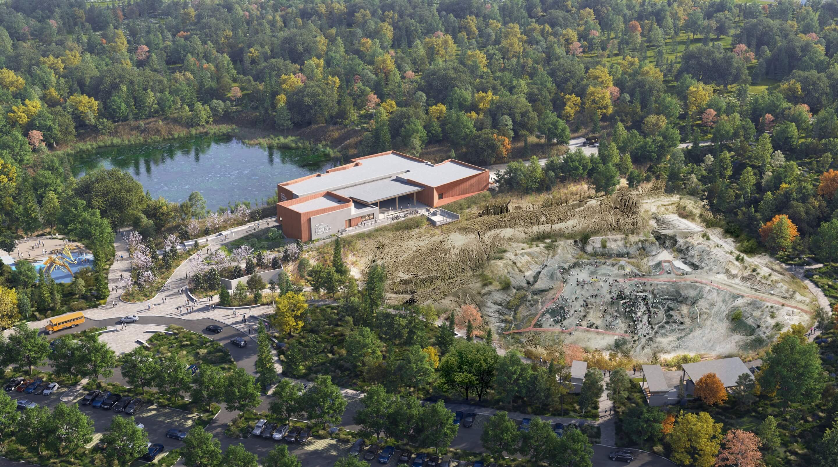 aerial renderingo of a museum building above an excavation site