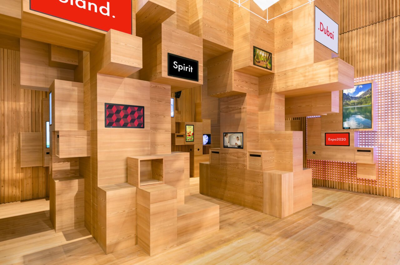 an interactive display creating from wooden cubes