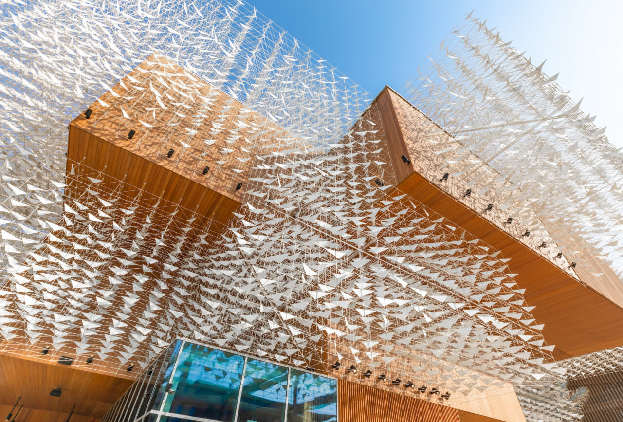 a boxy wooden building clad in a bird-like kinetic sculptural installation