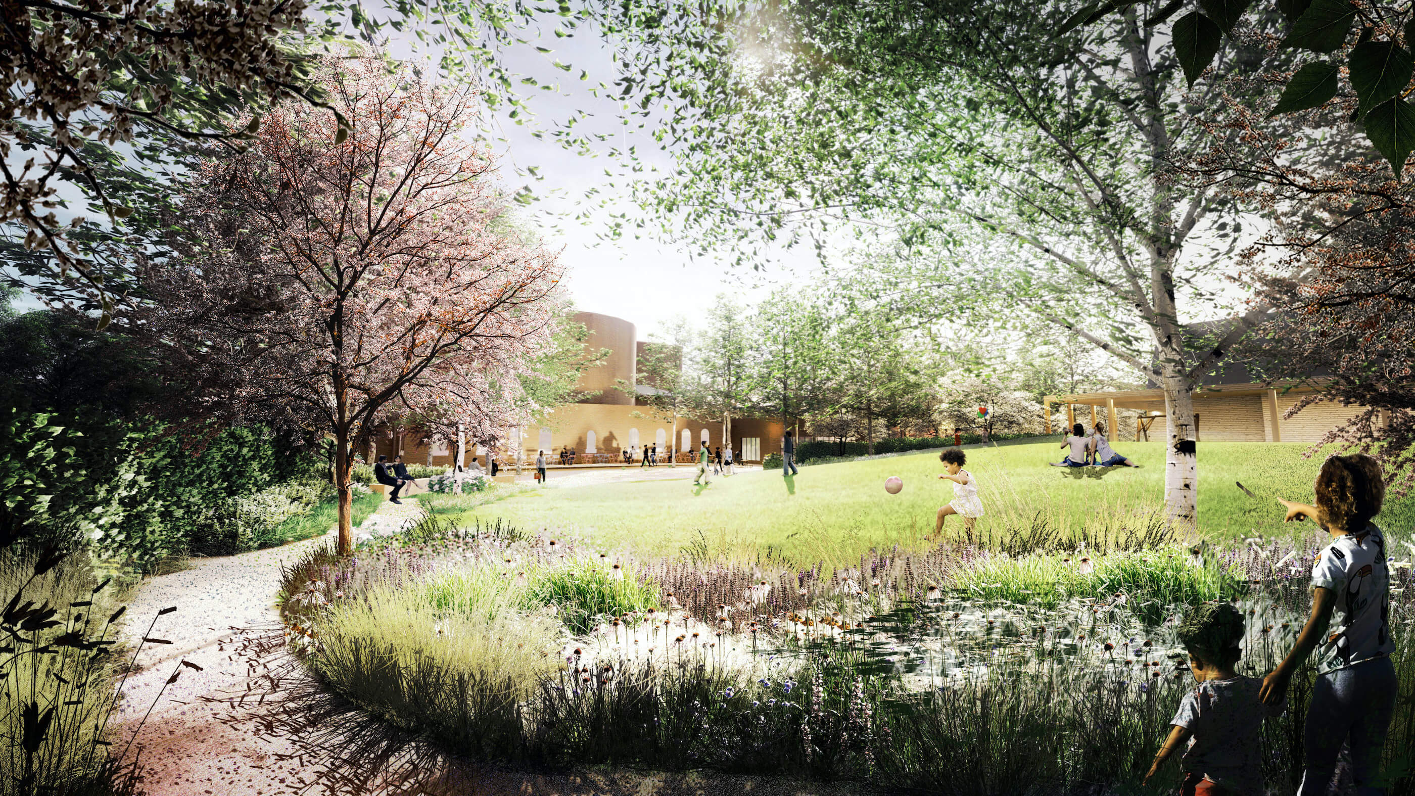 rendering of a lawn in a park for library street collective