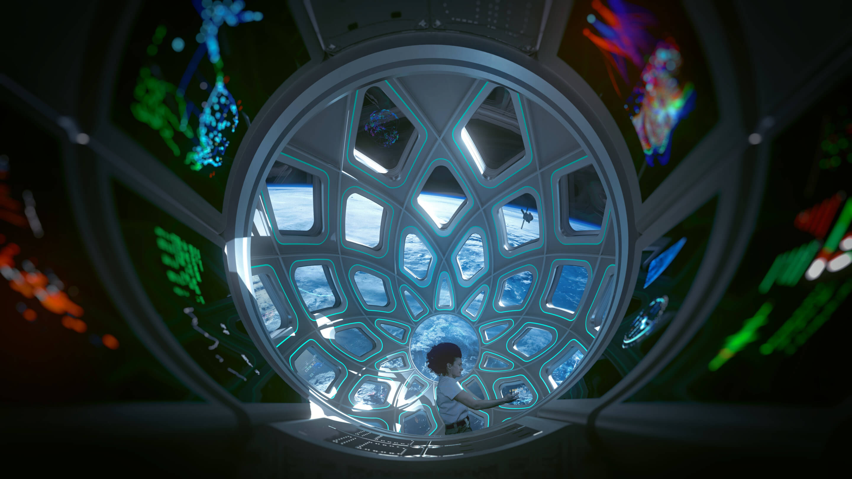 View from inside a space station towards earth