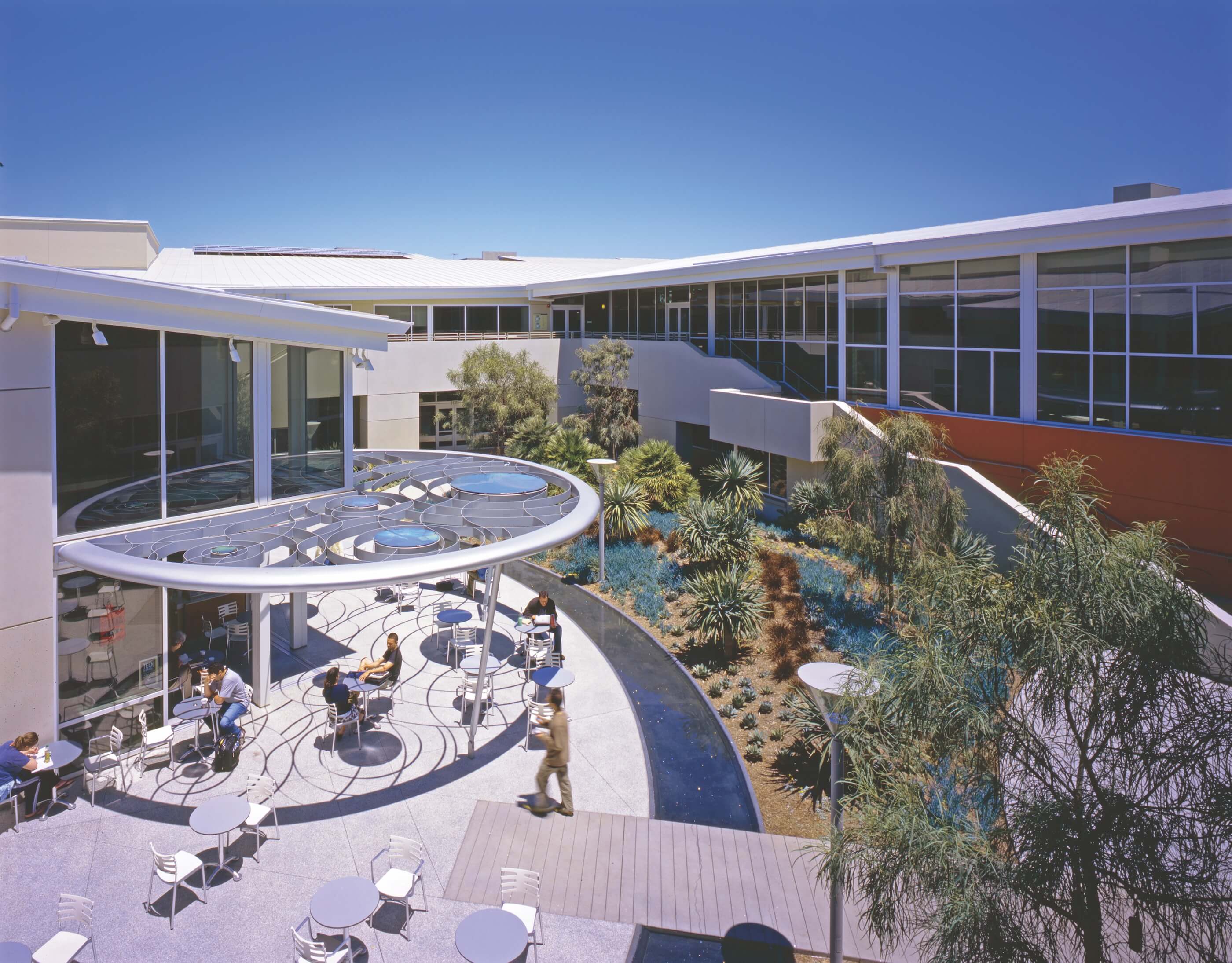 view of a landscaped courtyard at a library designed by pamela burton