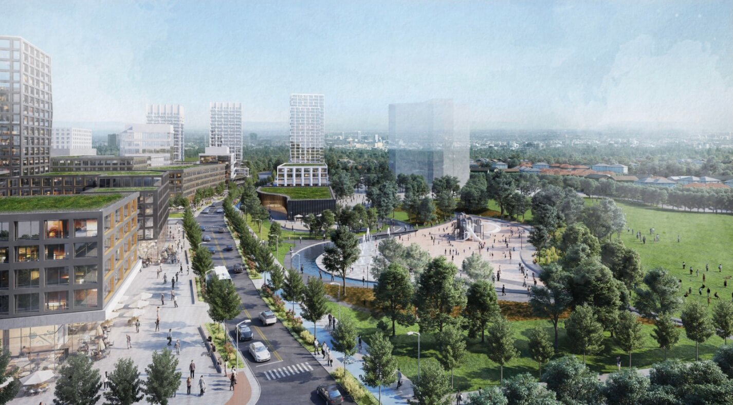 rendering of a proposed mixed-use development with parkland