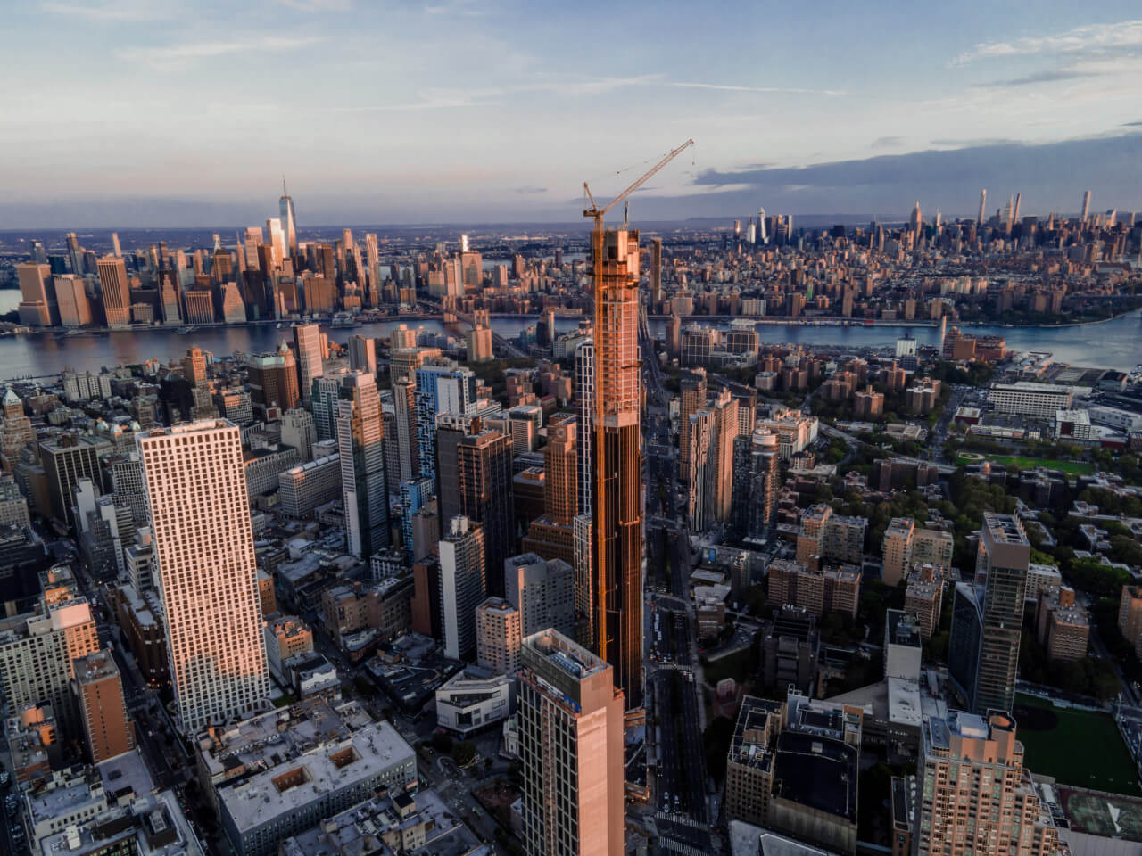 sky view of an under-construction supertall tower in downtown brooklyn