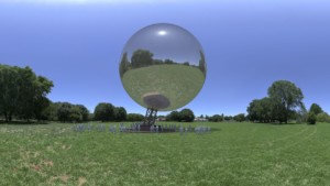 rendering of the orb, a metallic ball, floating in a field
