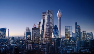 rendering of the london skyline with a tulip shaped tower