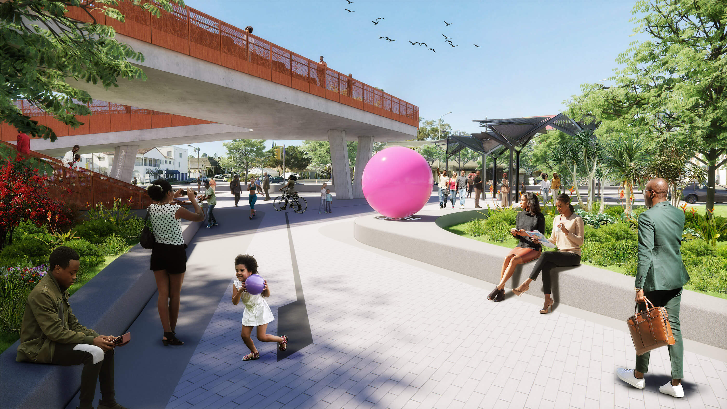 rendeirng of a park with a large pink orb installation at Destination Crenshaw,